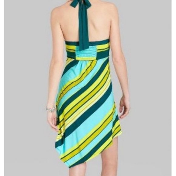 NWT Wild Fable Teal & Yellow Striped Halter A-Line Dress Handkerchief Hem XL - Picture 2 of 14